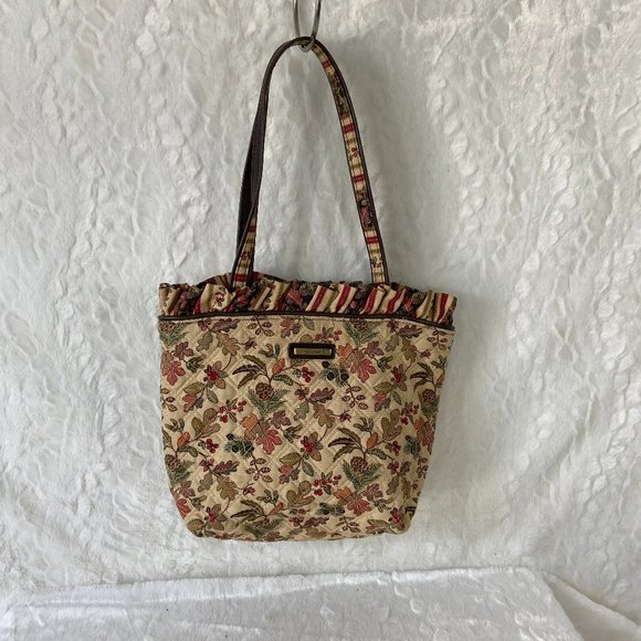 Longaberger Fall Print Tote Shoulder Handbag Beige Autumn Ruffle Top Vintage - Picture 1 of 8